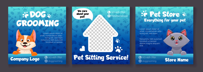 Pet store banner for social media posts with cute cat. Dog grooming square template. Vector cartoon illustration for your design