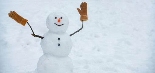Winter banner. Greeting snowman. Cute snowmen standing in winter Christmas background. Happy winter...