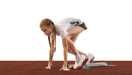 School age girl, junior athlete runner at starting position ready to start a race. Concept of energy, action, motion, kids achievements