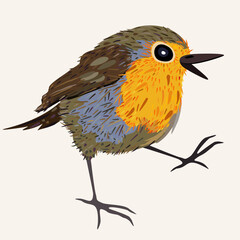 Vector cute illustration of little bird with colorful feathers isolated on light background.
