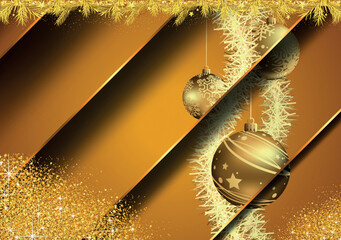 Obraz premium Gold Modern Christmas Background with Layered Effect with Christmas Balls Motif - Festive Colored Illustration, Vector