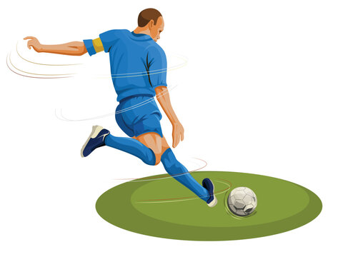 blue soccer player kicking ball on green field clip art preview