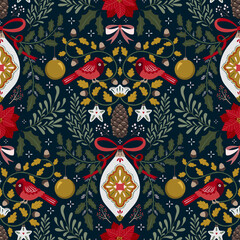 Christmas symmetry seamless pattern with Christmas decorations and winter botany
