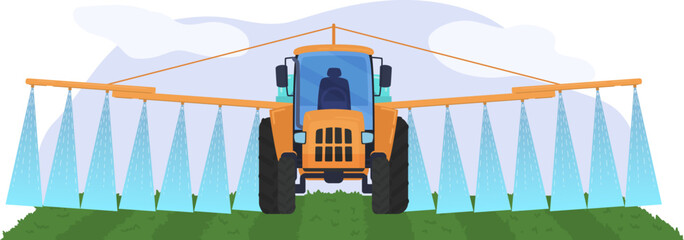 Tractor watering large field with special device concept agricultural machinery isolated on white, flat vector illustration. Area crop fertilizer.