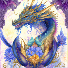 Chinese golden and blue dragon illustration, surrounded with ornamental flowers, watercolor 