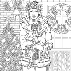 Winter girl holding cute little bunny. Christmas adult coloring book page in mandala style.