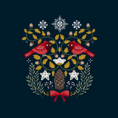 Christmas symmetry illustration with holiday decorations and winter botany