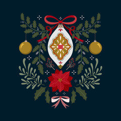 Christmas symmetry illustration with holiday decorations and winter botany