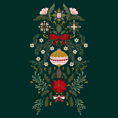 Christmas symmetry illustration with holiday decorations and winter botany