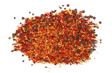 Spicy mixture of spices with chopped lemon peel, chili, peppercorns (black, green and red), mustard seeds, allspice, chopped ginger, isolated on white, top view