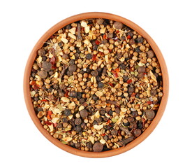 Spice blend, garam masala, mix black pepper, coriander, cumin, garlic granules, allspice, sea ​​salt, ground chili peppers, cinnamon, cloves grain, chopped ginger, bay leaves in bowl isolated on white