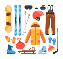 Winter sport equipment. Vector icons set with snowboard, ski, gloves, helmet, sled, jacket, pants. Illustration of winter sporting accessories. Mountain skiing and skating activity on holidays