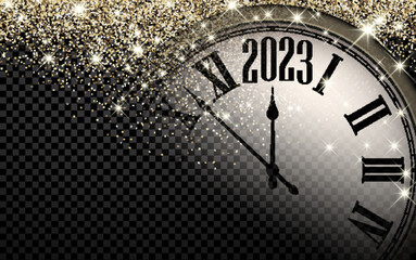 Fototapeta na wymiar Half hidden clock showing 2023 on transparent background.
