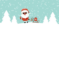 Quadrat Weihnachtsmann Sonnenbrille Mit Geschenk Zieht Schlitten Im Wald Schnee Türkis Dunkelrot