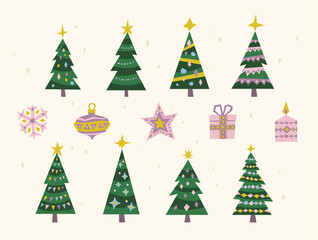 Christmas trees vector illustration icon set isolated. Cute Xmas trees with decoration elements. Snow flake, star, present, candle. New year elements. Handmade paper cut style.  