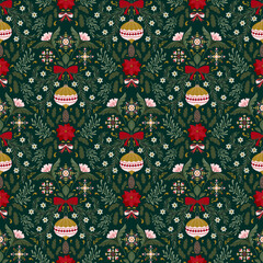 Christmas symmetry seamless pattern with Christmas decorations and winter botany