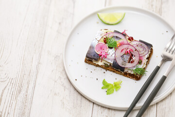 pickled herring Smorrebrod, Danish open faced sandwich