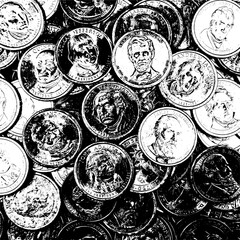 US Coins with portraits of former Presidents. Collage black and white background.