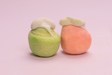 Marshmallow fruit candys isolated on white background.