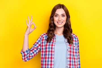 Photo of cheerful positive young lady wear plaid shirt showing okey sign isolated yellow color background