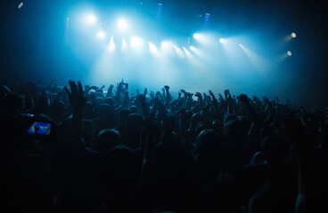 Concert crowd raving to the music. Big group of young people partying on musical festival in night club