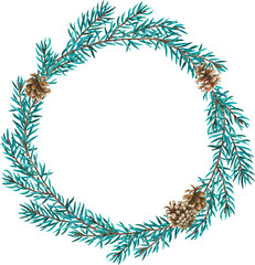 Watercolor Christmas wreath on white background. Christmas decor made of wood, lace and jute rope