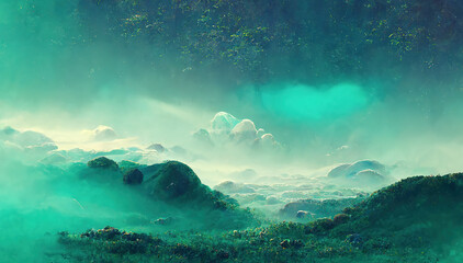 Morning foggy forest. AI render.