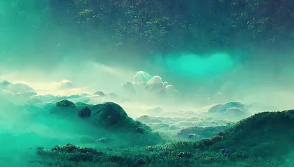 Photo sur Aluminium Vert bleu Morning foggy forest. AI render.