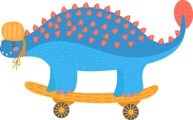 Colorful cartoon dinosaur ride on transport, fun skateboarding, design flat style vector illustration isolated on white.