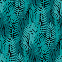 Tropical palm tree leaves, ferns seamless pattern, surface design, background, backdrop. Hand drawn vector illustration. Realistic style. Concept fashion, textile, fabric, wallpaper packaging print