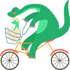 Pretty, cartoon dinosaur ride transport, useful cycling, comfortable vehicle, flat style vector illustration, isolated on white.