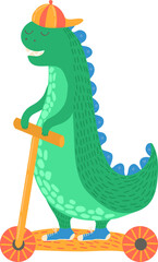 Fashionable, cartoon dinosaur ride on transport, fun scooter, vehicle, flat style vector illustration, isolated on white.