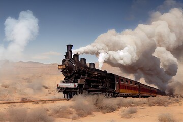 Obraz na płótnie Canvas Steam train going full speed on the railroad tracks, crossing a desert region, art illustration