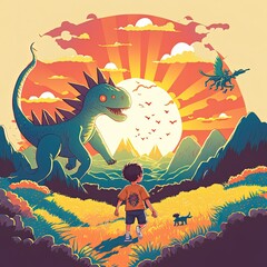A young boy in a fairytale setting, with a mythical dragon like creature and a big sun in the background, cartoon illustration in Japanese anime style, boyhood concept. - obrazy, fototapety, plakaty