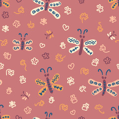 Fototapeta na wymiar Doodle summer butterflies and flowers seamless pattern. Perfect print for tee, paper, textile and fabric. Hand drawn vector background for decor and design.