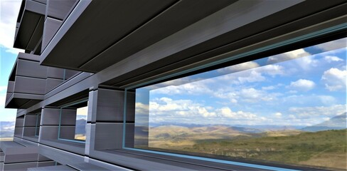 Obraz premium The picturesque mountain landscape is reflected in the wide window of an apartment building. Great banner to attract real estate investors. 3d rendering.