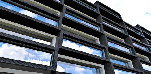 A variant of finishing the facade of a low-rise apartment building with black brick. May be of interest to a potential client buying real estate. 3d rendering.