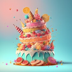 Delicious birthday cake with multiple rainbow layers and frosting. - obrazy, fototapety, plakaty