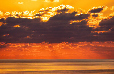 Dramatic Colorful Sunrise Sky over Mediterranean Sea. Abstract Red Sky. Cloudscape Nature Background.
