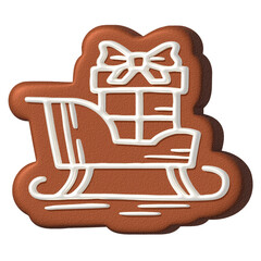 Sleigh with gifts 3D Christmas ginger cookies with icing, PNG render illustration of brown biscuits