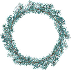 Watercolor Christmas wreath on white background. Christmas decor made of wood, lace and jute rope