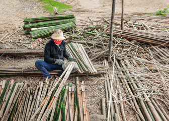 A woman cuts a bamboo tree into small pieces in Lam Dong province, Vietnam.