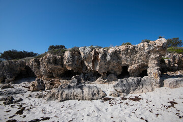 Fototapeta na wymiar Extensive coastal erosion of limestone rock strata at Burns Beach, City of Joondalup, Western Australia