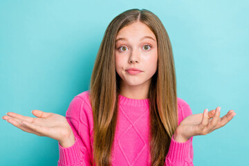 Photo of funny cute schoolgirl teenager wear knitted sweater dont know shrug shoulders no idea how...