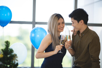 Two Asian young people cute couple husband guy wife lady drink hot beverage x-mas eve spend time magic land newyear, Christmas celebrate in romantic love together with family, happy holiday concept