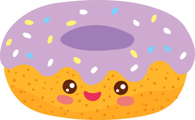 Sweet donut, mouth-watering food, bright funny kawaii, cartoon style, fresh bakery flat vector illustration, isolated on white.