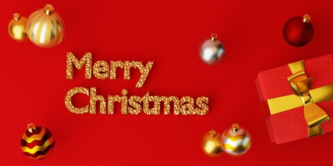 Fototapeta na wymiar 3d Merry Christmas gold 3d text on red background with realistic present and christmas decorations. Festive Banner for promotion and greetings. 3d rendering