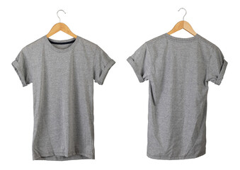 Young male in gray t-shirt Roll up sleeves template tranparent background tee wooden hanger on empty background for man design mockup concept man tshirt product, woman shirt wearing.