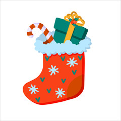 Candy cane and gift in Christmas stocking. Traditional flat elements. Vector illustration.