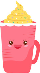 Hot cappuccino, warming food, bright funny kawaii, in cartoon style, glass tasty, flat vector illustration, isolated on white.